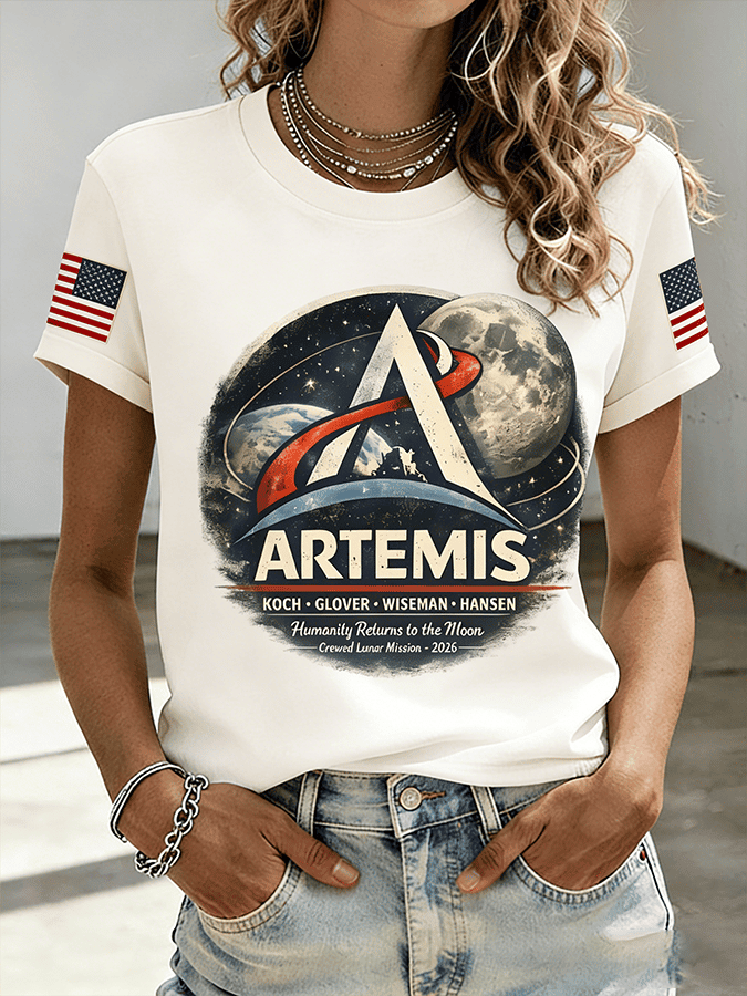 Artemis II Mission Graphic T-Shirt American Flag NASA Moon Mission 2026 Clothing Gift For Wife