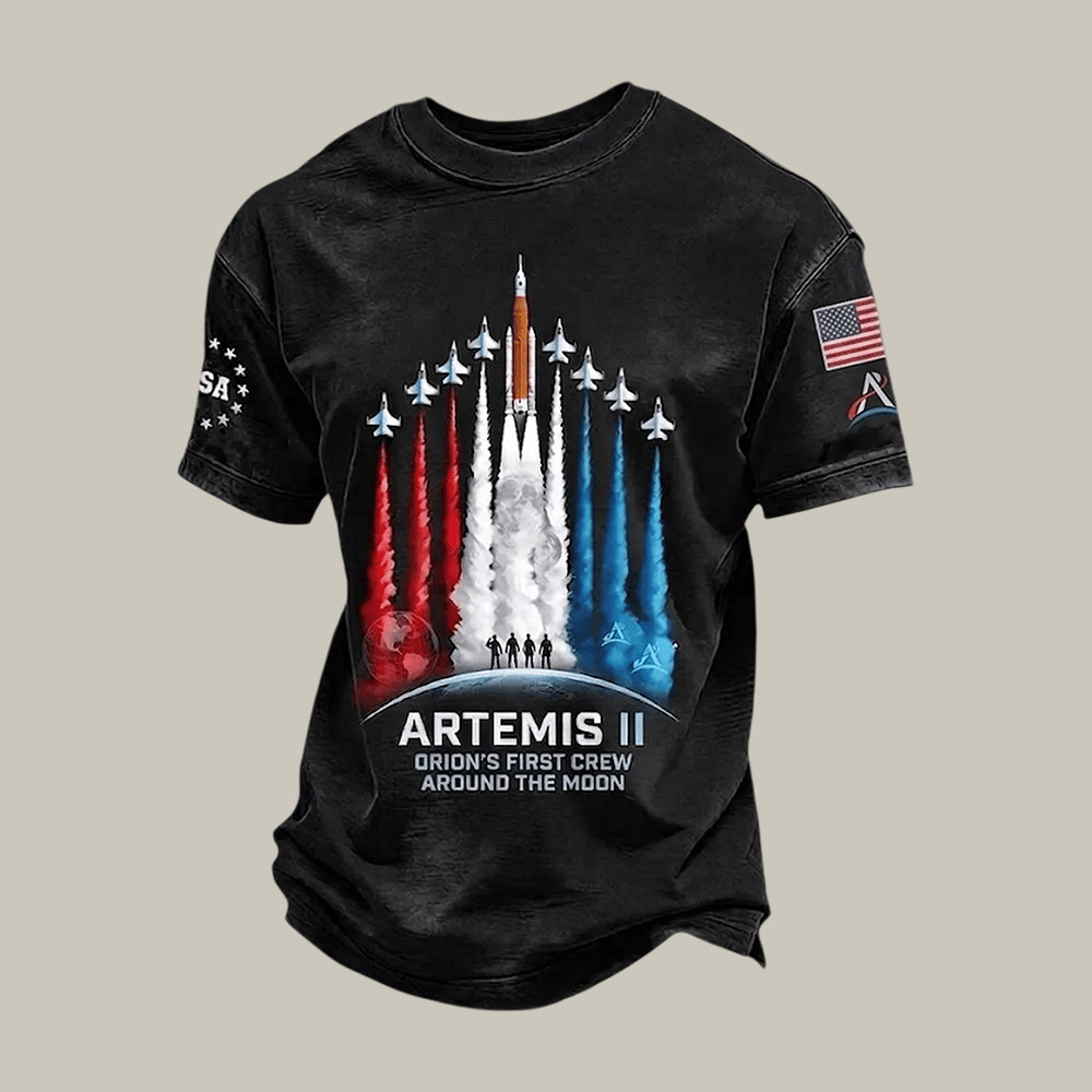 Artemis II Space Mission American Flag T-Shirt Orion's First Crew Around The Moon Shirt Astronomy Gift