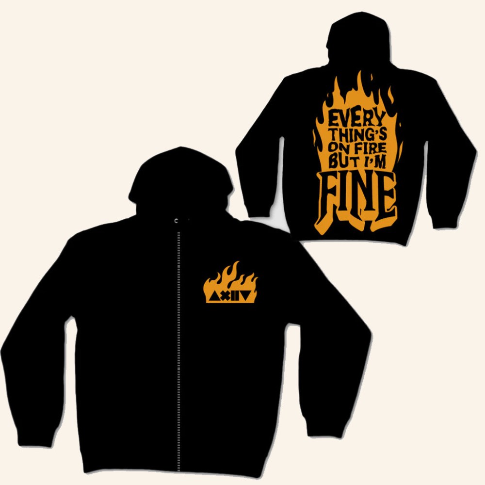 As December Falls Merch Everything's On Fire But I'm Fine Zip Hoodie Gift Ideas For Rock Fans