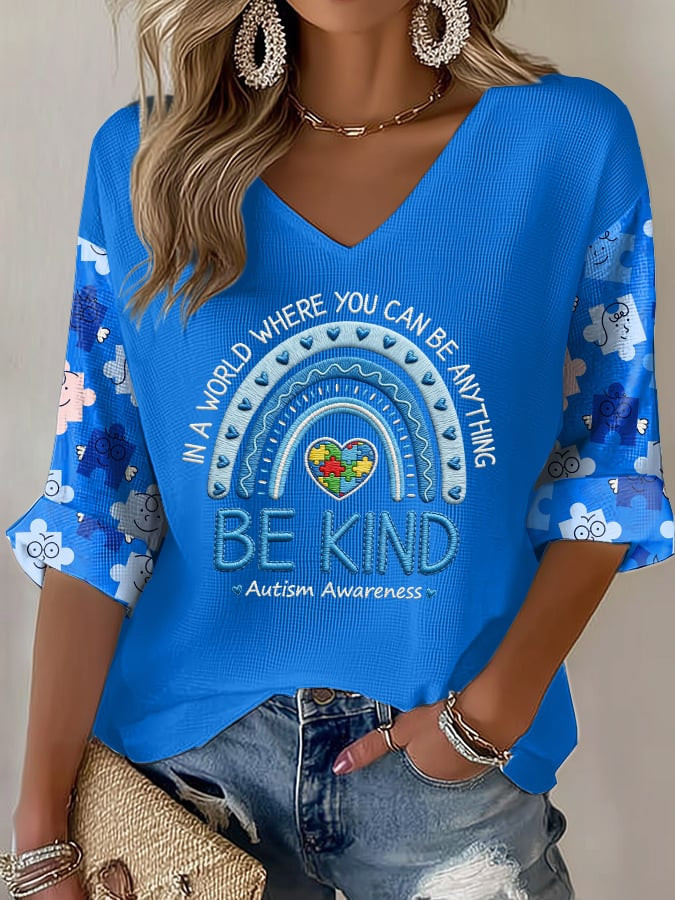 Autism Awareness V-Neck Long Sleeve Shirt Be Kind Clothing Gift For Autism Mom