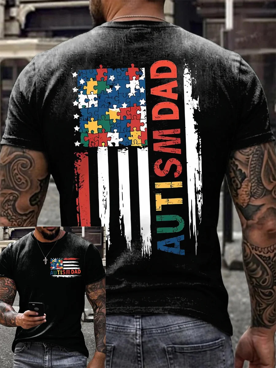 Autism Dad Puzzle Flag T-Shirt Love and Support Autism Awareness Clothing Autism Support Gift