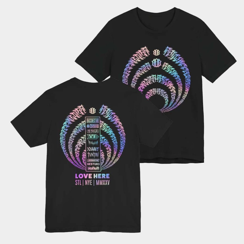 Bassnectar Merch Love Here St Louis Calligraphy Bass Drop T-Shirt Gifts For DJ Fans