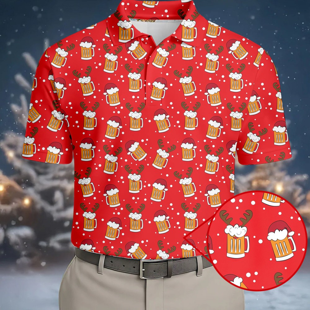 Christmas Beer Red Golf Polo Shirt Unique Golf Clothes Holiday Gift For Father's Day