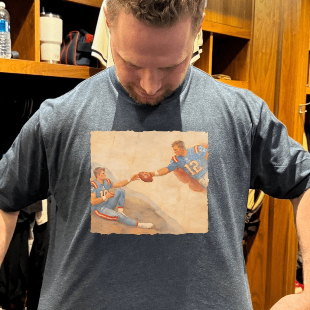 Drake Maye And Tom Brady The Creation Adam Michelangelo T-Shirt Football Fan Gift Ideas