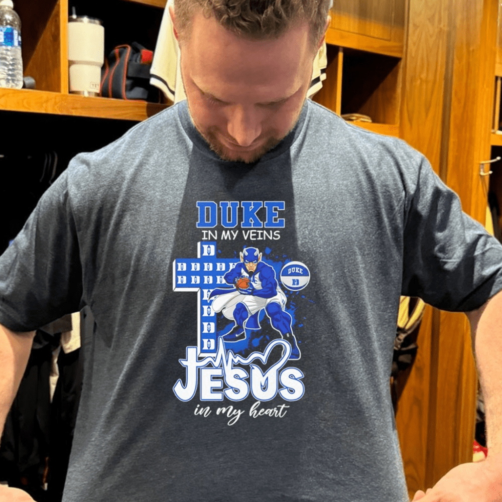 Duke Blue Devils In My Veins Jesus In My Heart Mascot Christian Cross Shirt Best Basketball Gifts