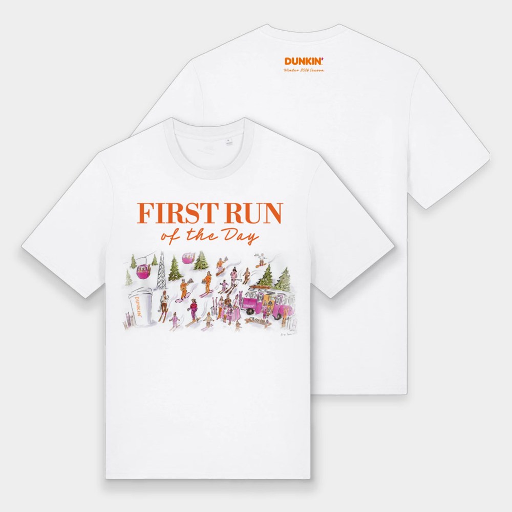 Dunkin Runs On Merch 2026 Ski Graphic T-Shirt First Run Of The Day Shirt Birthday Gift For Her