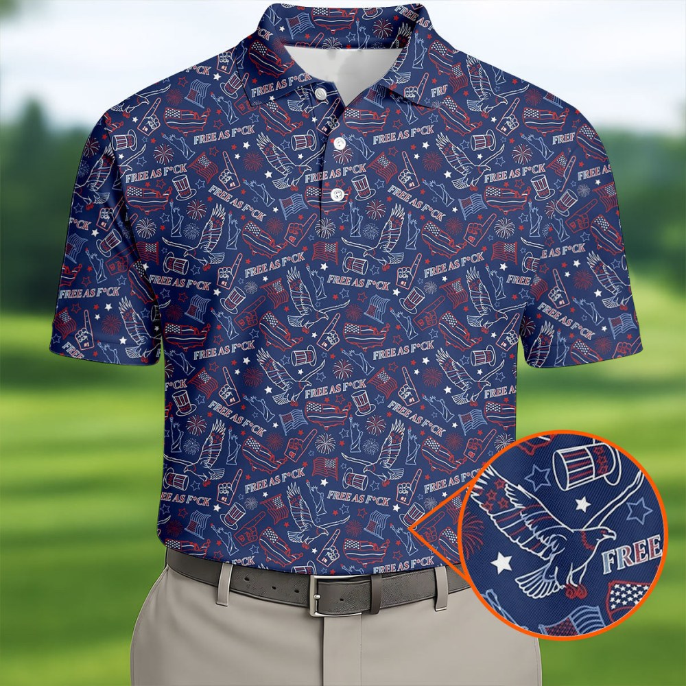 Eagle USA Free As Fck Funny Golf Polo Shirt Golf Outfit Men Cool Golf Gifts For Dad