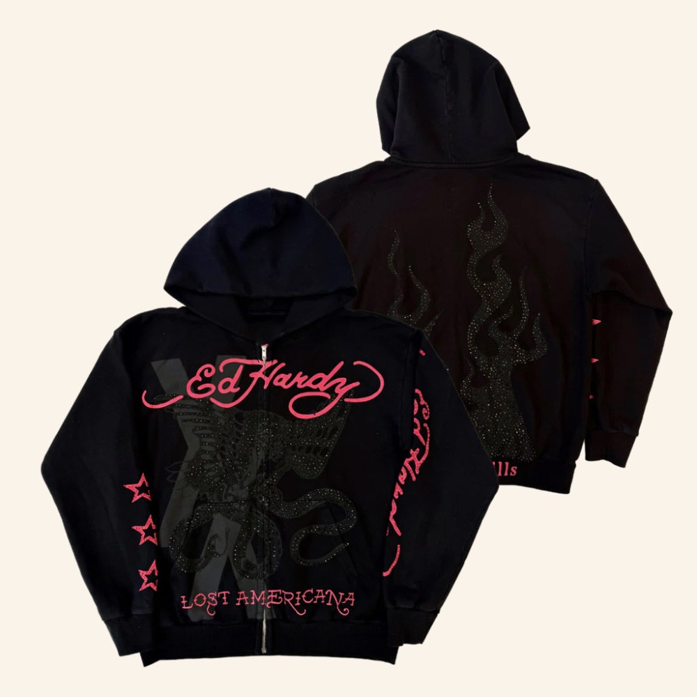 Ed Hardy Merch Flame Ed Hardy Lost Americana Zip Hoodie Christmas Presents For Him