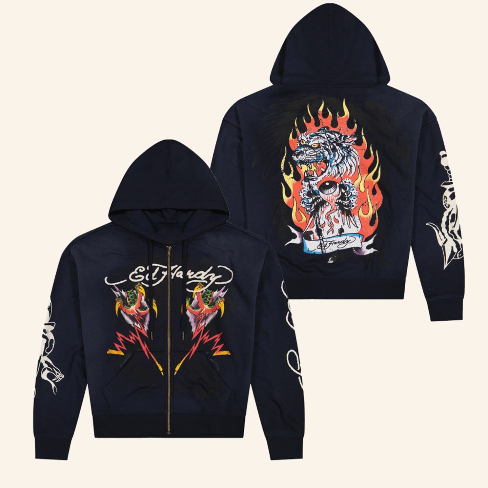 Ed Hardy Merch Tiger Flame Zip Hoodie Presents For Boyfriend