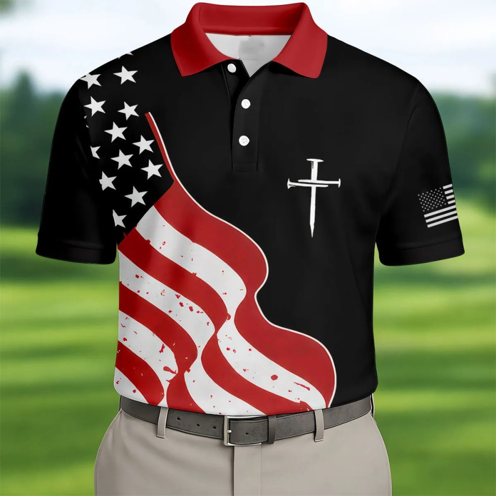 Faith Cross 4Th Of July Golf Polo Shirt Patriotic Golf Shirts Golf Gift Ideas For Men