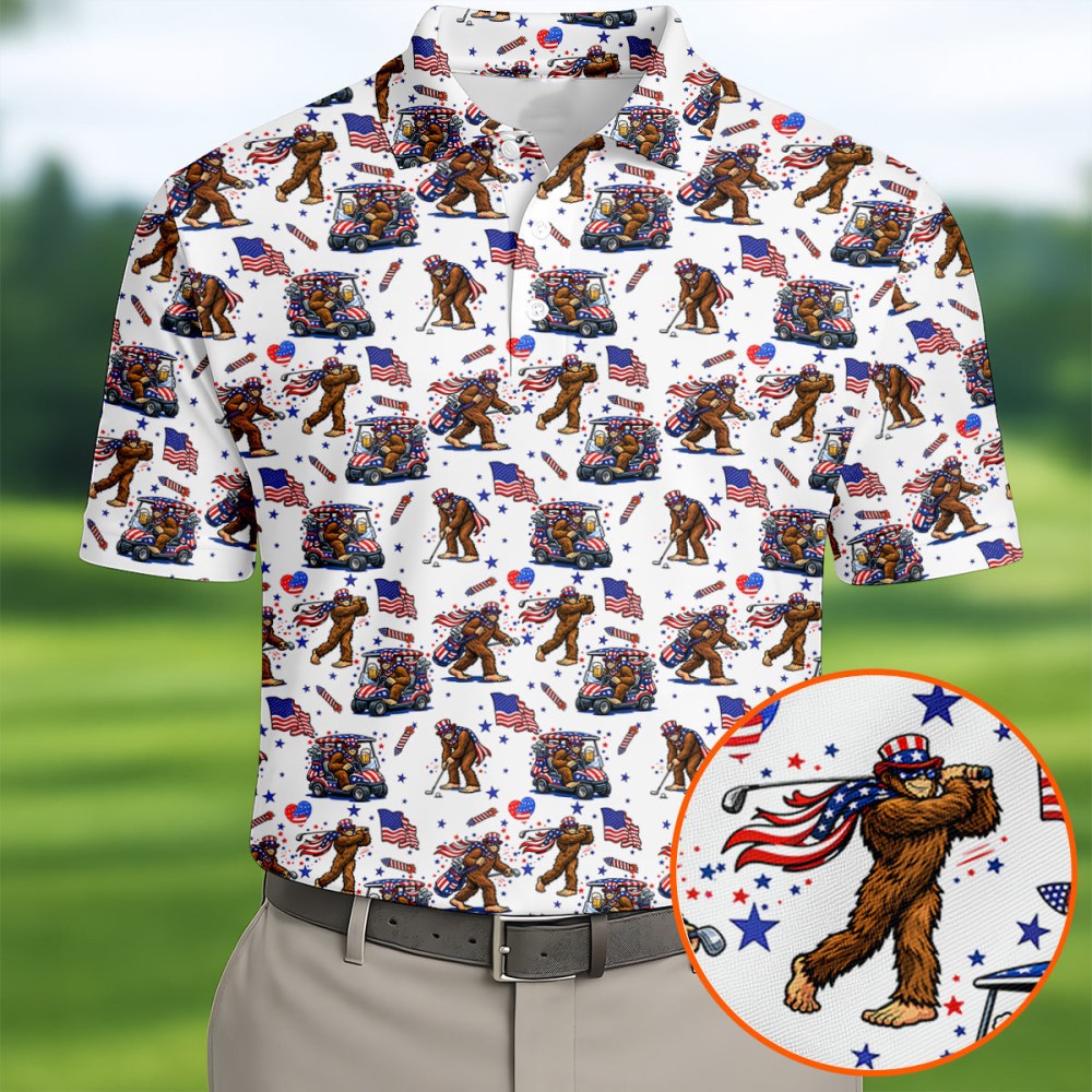 Funny Bigfoot Patriotic Golf Polo Shirt Modern Golf Apparel Golf Gifts For Men