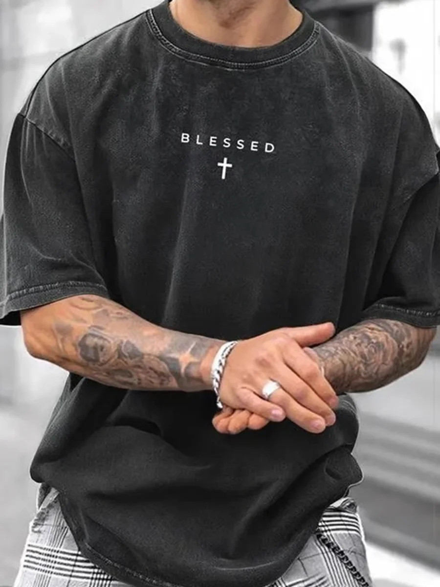 Jesus Saves Cross Oversized Graphic T-Shirt Men Christian Faith Apparel Best Gift Ideas