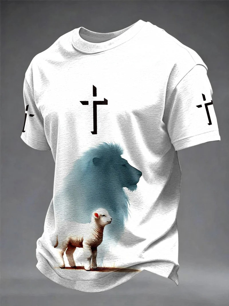 Lion And Lamb Christian T-Shirt Religious Jesus Cross Symbol Clothing Gift For Christian Faith