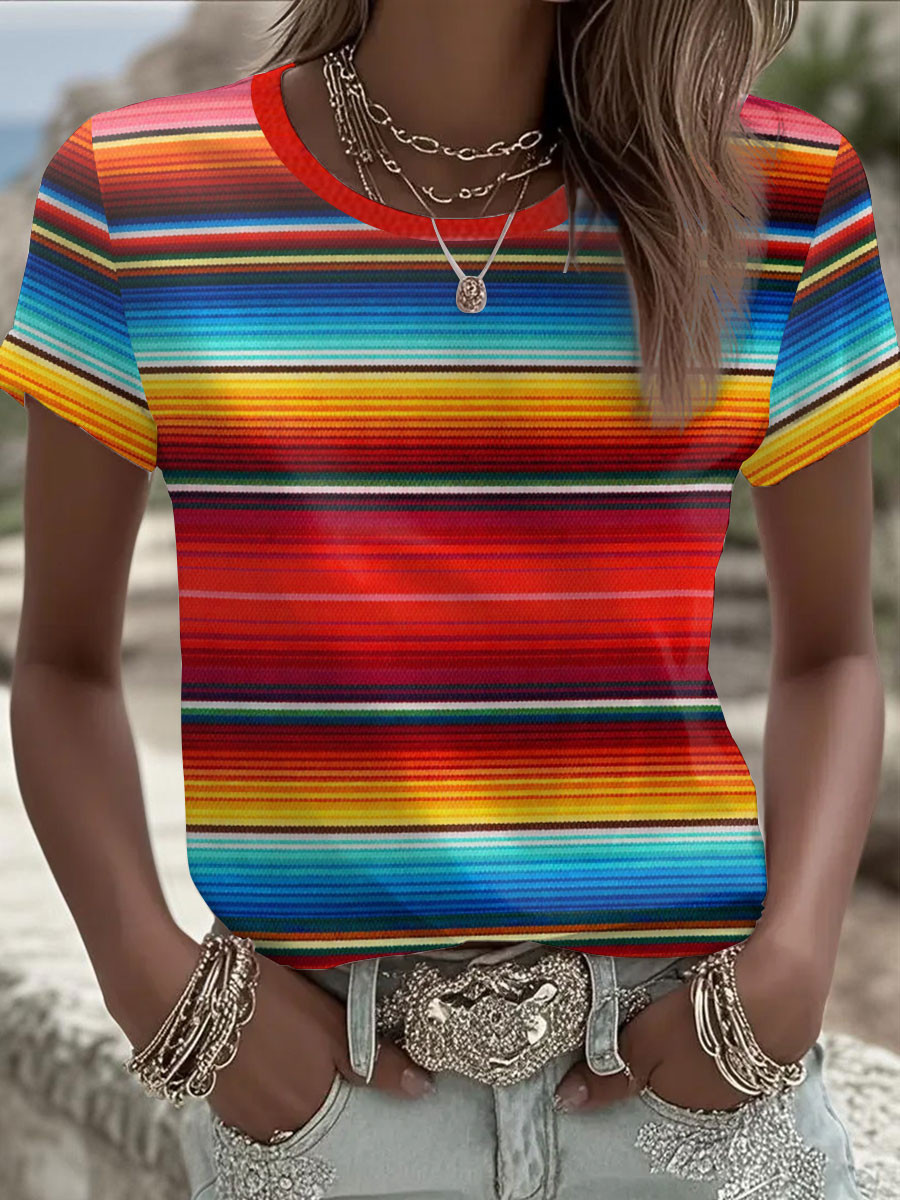 Mexican Serape Stripe T-Shirt Colorful Fiesta Western Boho Clothing Gift For Her