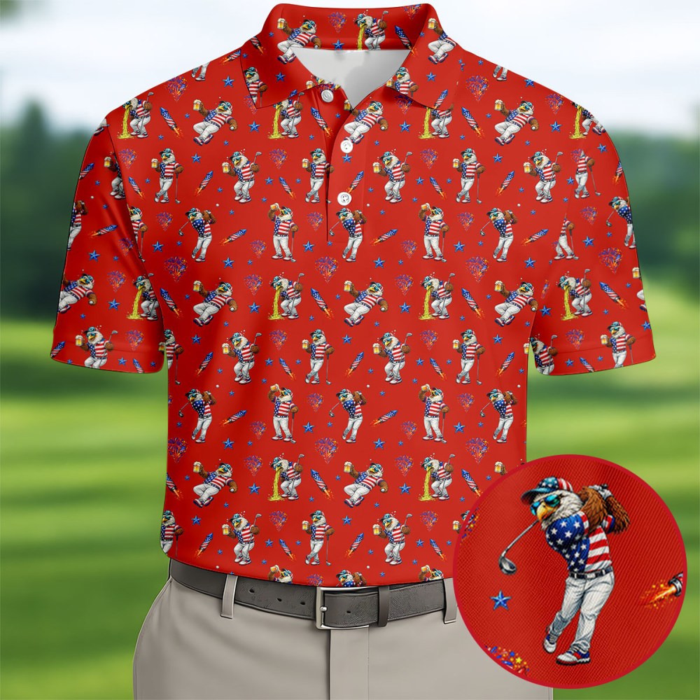 Patriotic Eagle Golf And Beer Funny 4th Of July Polo Shirt Best Golf Clothes Cool Gift For Husband