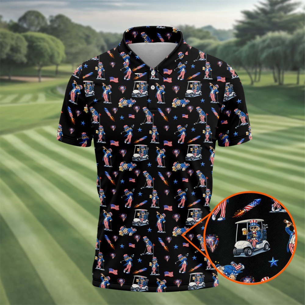 Patriotic Man Golf And Beer Funny 4th Of July Polo Shirt Father's Day Clothes Golf Lover Gift
