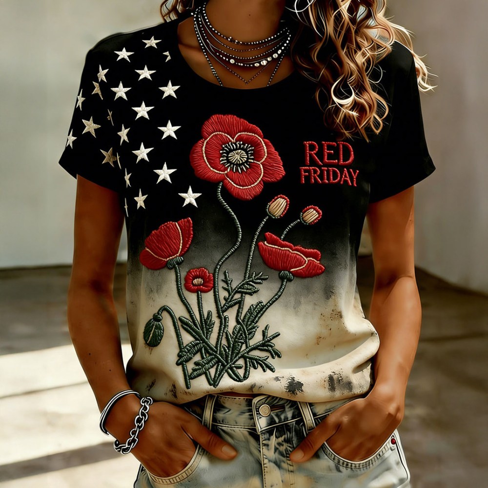 Red Friday Poppy Flower T-Shirt American Flag Shirt Best Gift For Mother's Day
