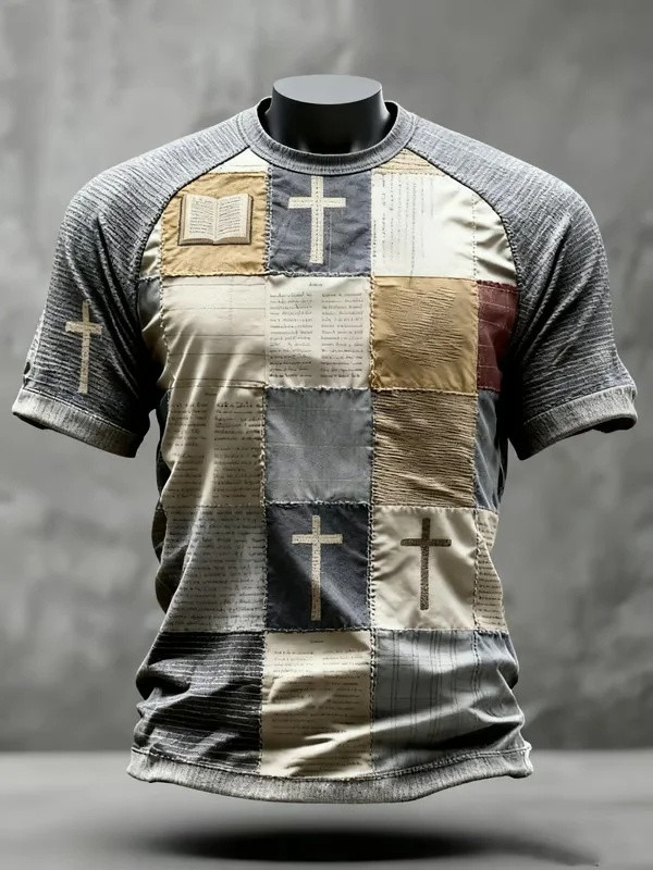 Scripture Cross Bible Patchwork Graphic T-Shirt Men Christian Faith Apparel Gift Ideas