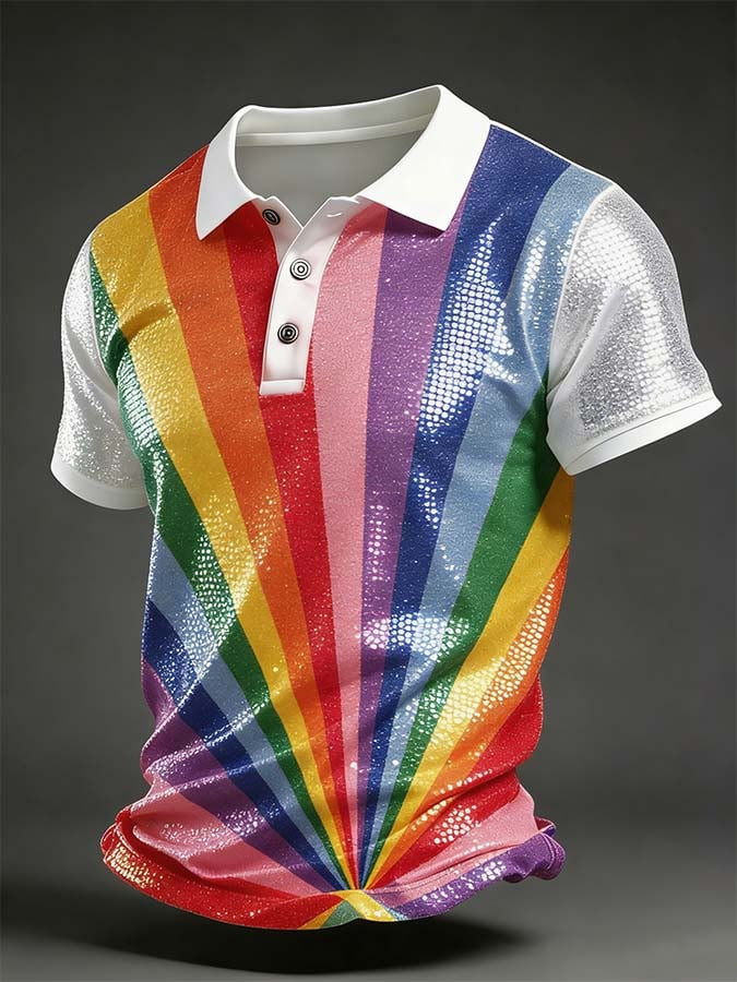 Shiny Rainbow Sequin Polo Shirt Vibrant Sunburst Stripe Glitter Clothing Gift For Men