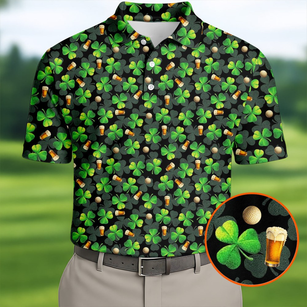 St Patrick's Day Beer Golf Ball Pattern Shamrock Polo Shirt Best Golf Shirt Dad Gifts