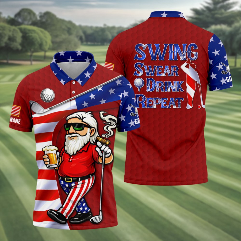 Swing Swear Drink Repeat Polo Shirt Funny Old Men Apparel Golf Gift Ideas