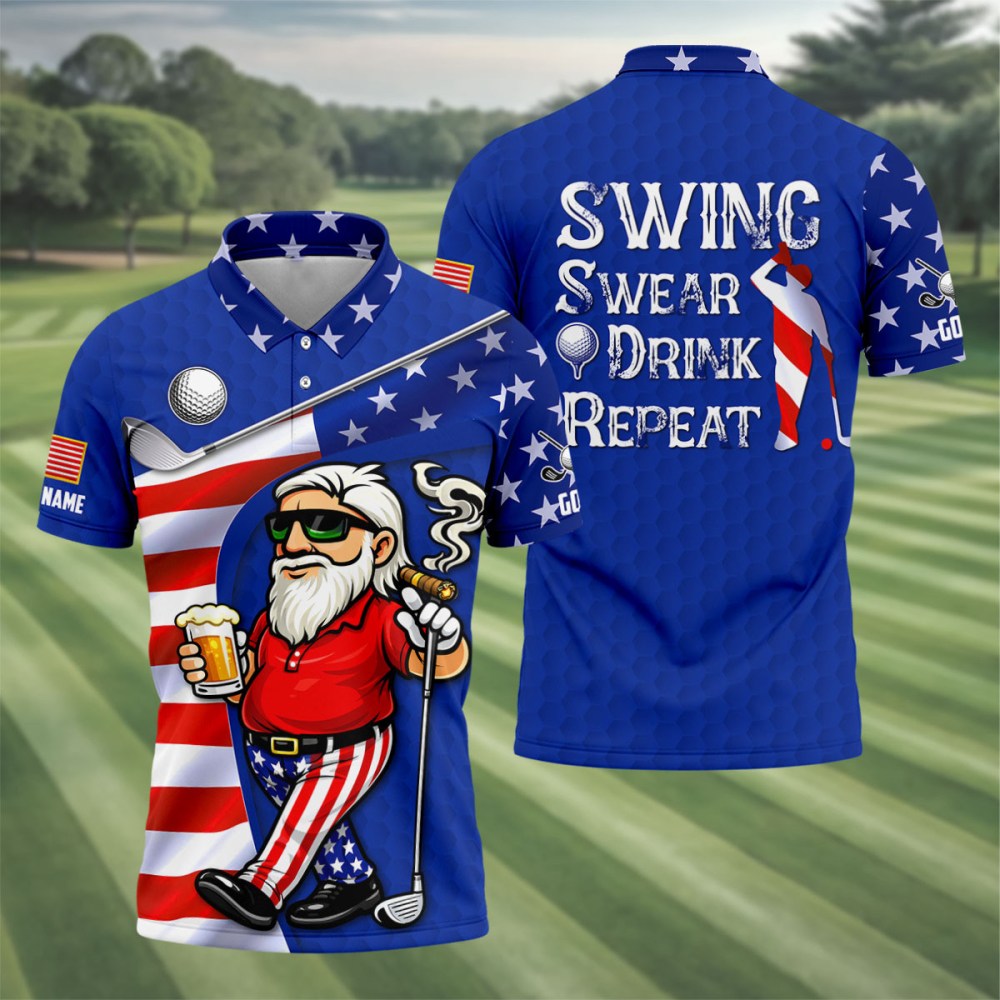 Swing Swear Drink Repeat US Flag Golf Shirt Funny Old Men And Beer Mens Merch Gifts For Dad