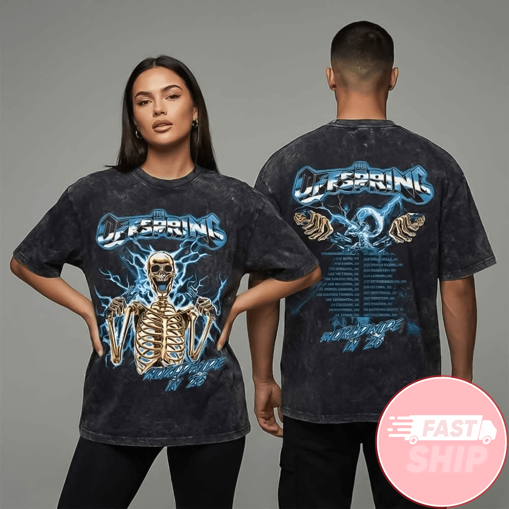 The Offspring Supercharged Worldwide Tour 2026 Spark Plug Skeleton Washed T-Shirt Fans Gifts