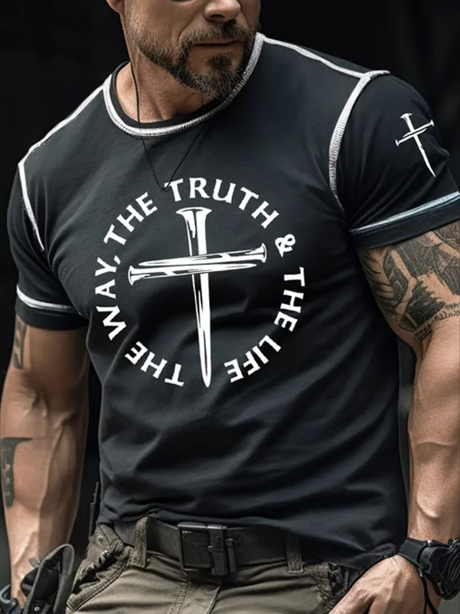 The Way Truth Life Nail Cross Graphic T-Shirt Men Christian Faith Apparel Gift For Believers