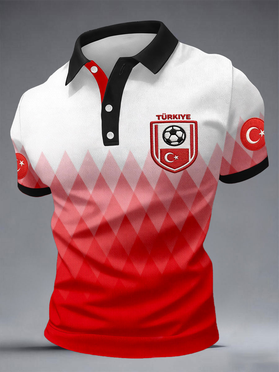 Turkiye Football Polo Shirt Diamond Gradient Soccer Ball Crescent Star Apparel Gift For Men