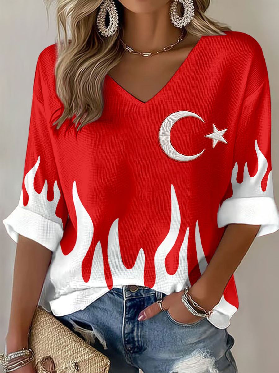 Turkiye V-Neck Long Sleeve Shirt Fire Pattern Crescent Star National Flag Clothing Fan Gift