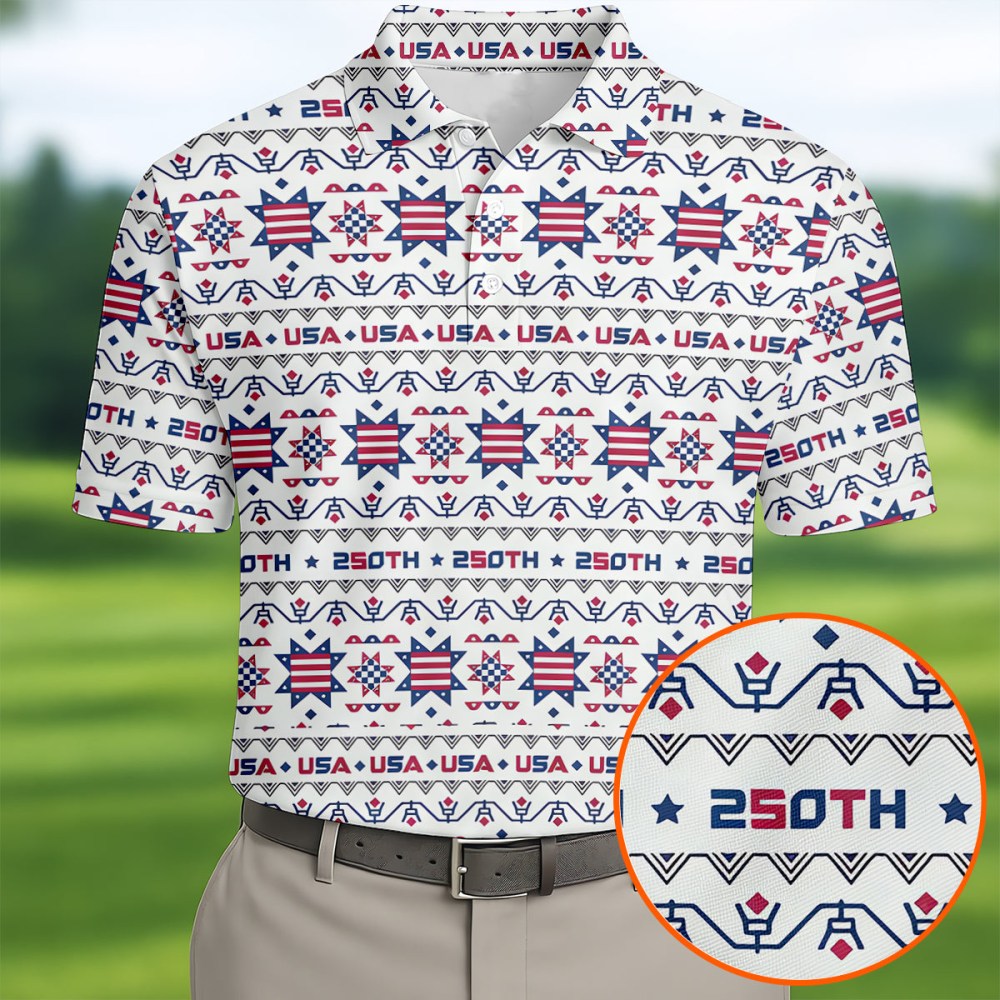 USA 250 Years Of Freedom Polo Shirt Red White Blue Ohio Star Quilt 4th Of July Patriotic Clothing