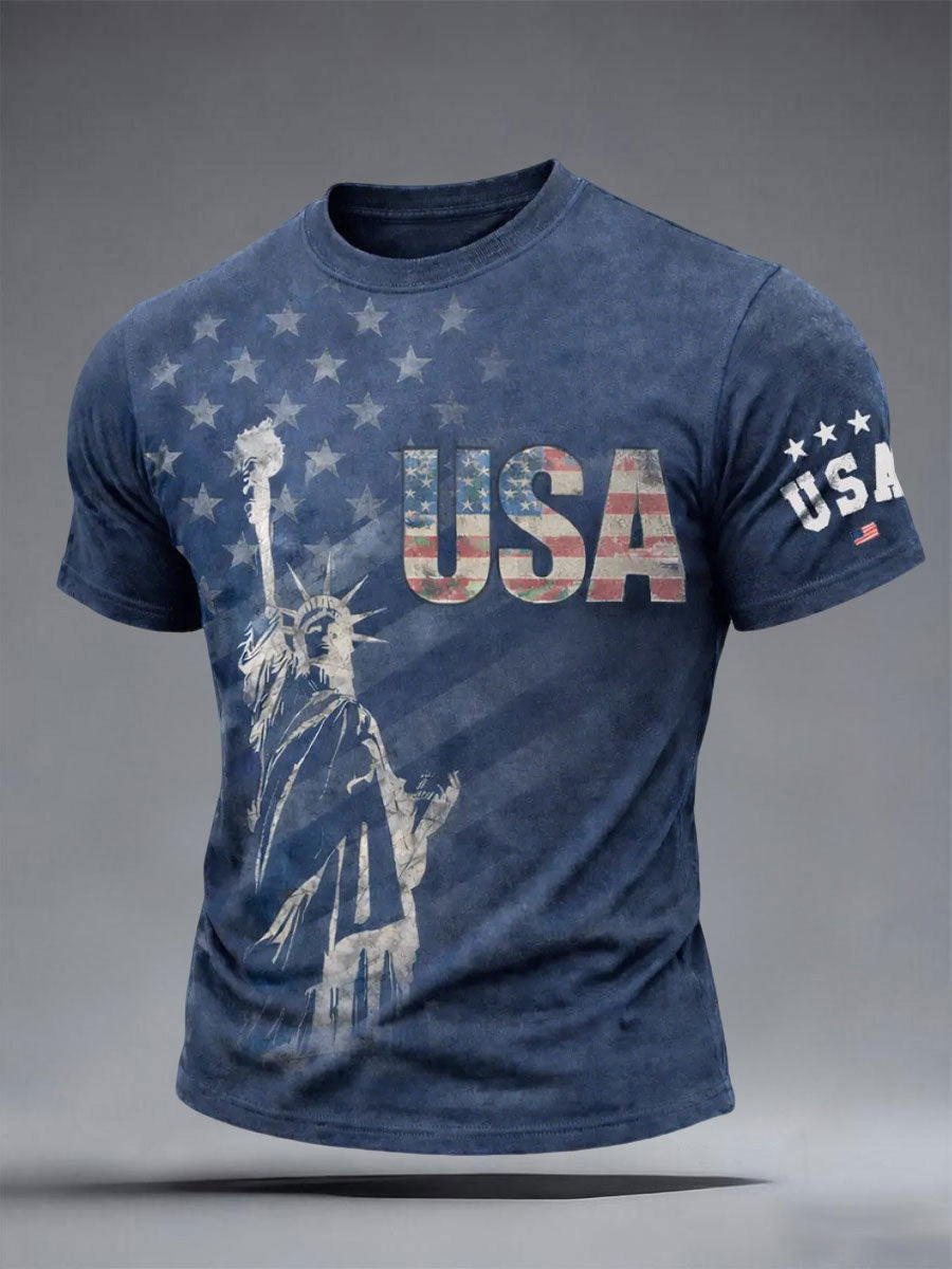USA Statue Of Liberty Washed Graphic Tee Men Patriotic T Shirt 250th Anniversary Fan Gift