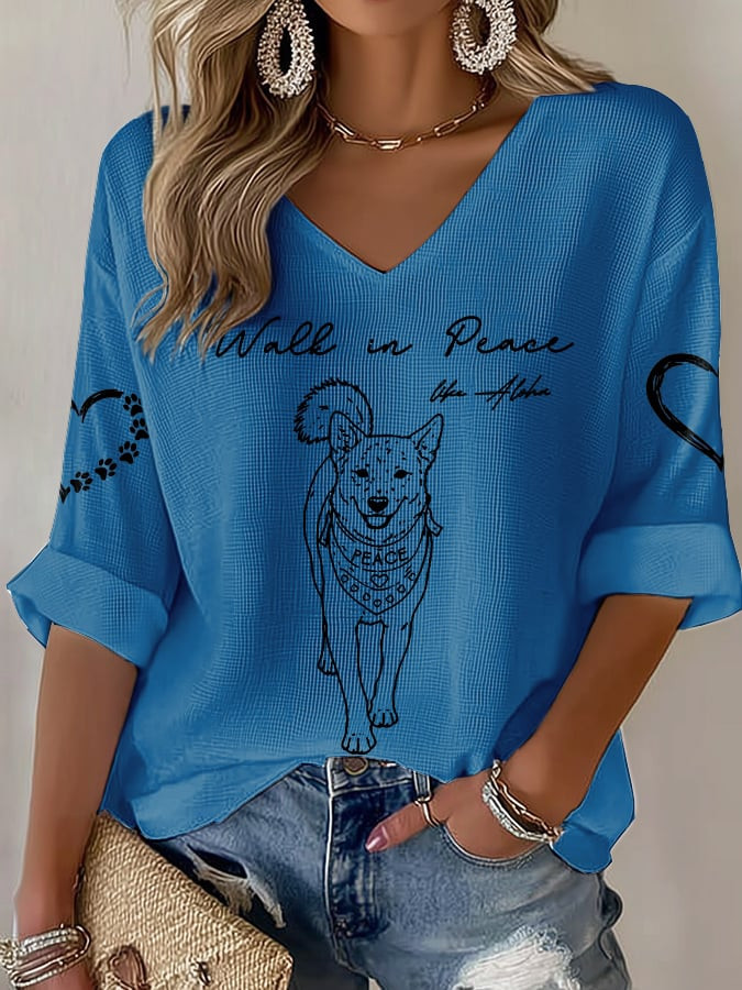 Walk In Peace Like Aloka Dog Long Sleeve V-Neck T-Shirt Aloka The Peace Dog Merch Zen Monks Shirt