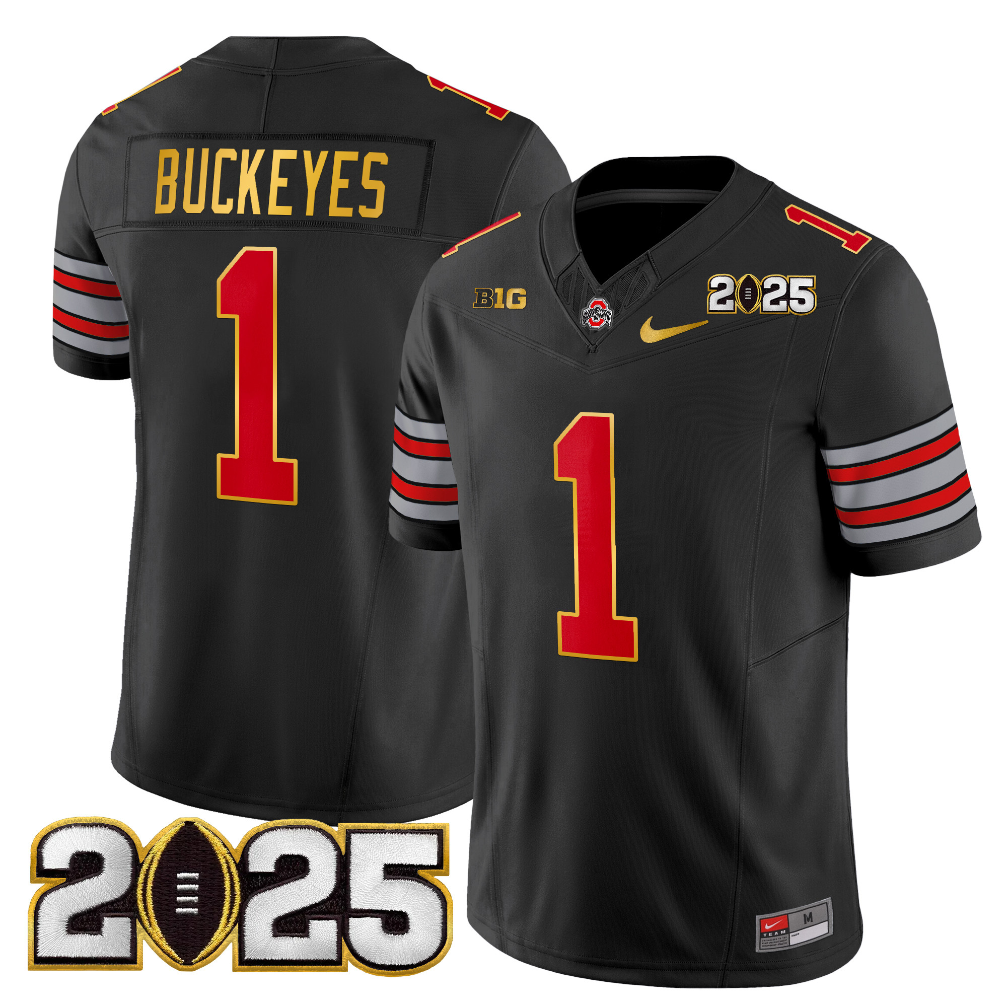 #1 Buckeyes Men's Ohio State Buckeyes Heritage Stripe 2025 CFP Final Patch Gold Trim Vapor Limited Black Jersey - All Stitched