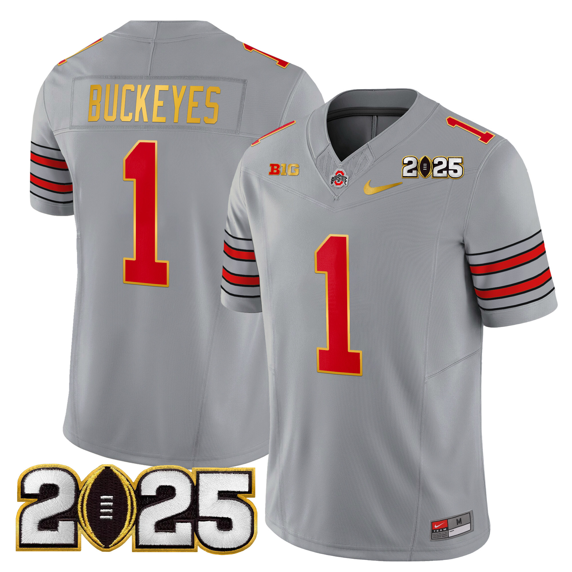 #1 Buckeyes Men's Ohio State Buckeyes Heritage Stripe 2025 CFP Final Patch Gold Trim Vapor Limited Gray Jersey - All Stitched