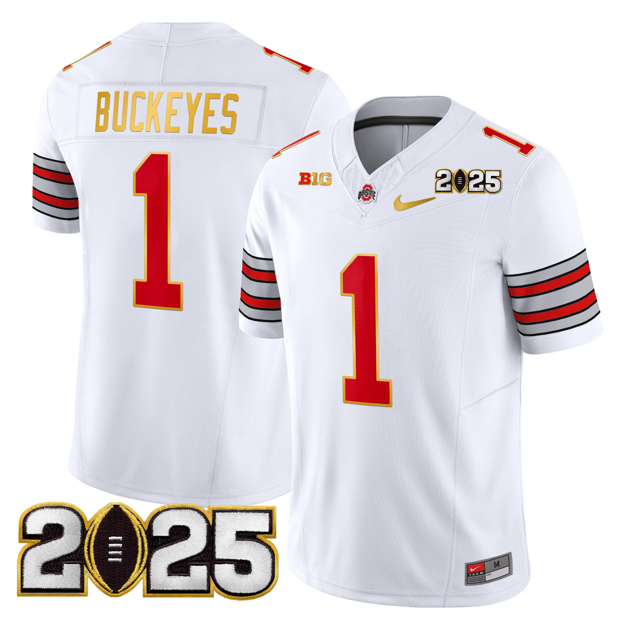 #1 Buckeyes Men's Ohio State Buckeyes Heritage Stripe 2025 CFP Final Patch Gold Trim Vapor Limited White Jersey - All Stitched