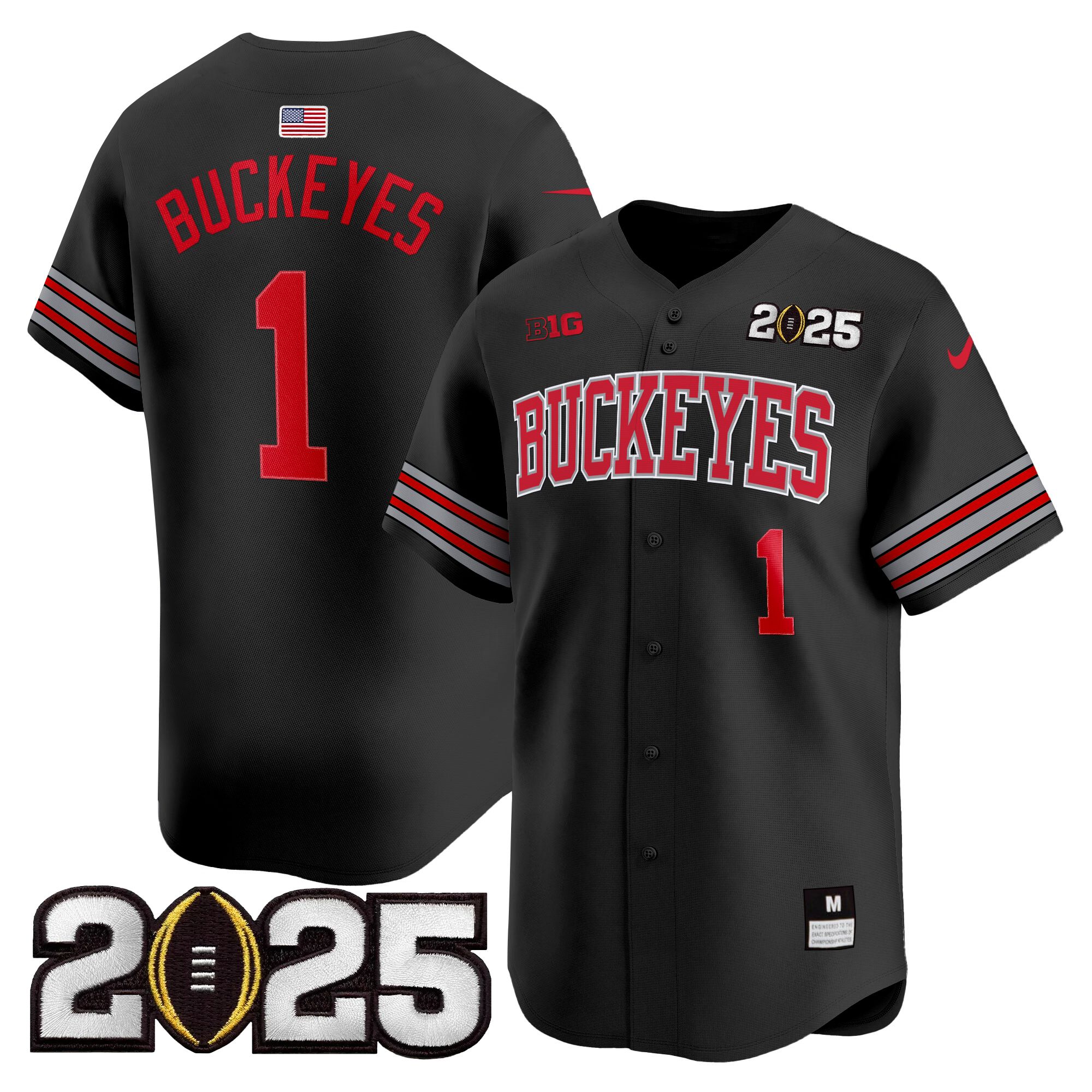 #1 Buckeyes Men's Ohio State Buckeyes Heritage Stripe 2025 CFP Final Patch Vapor Baseball Black Jersey - All Stitched