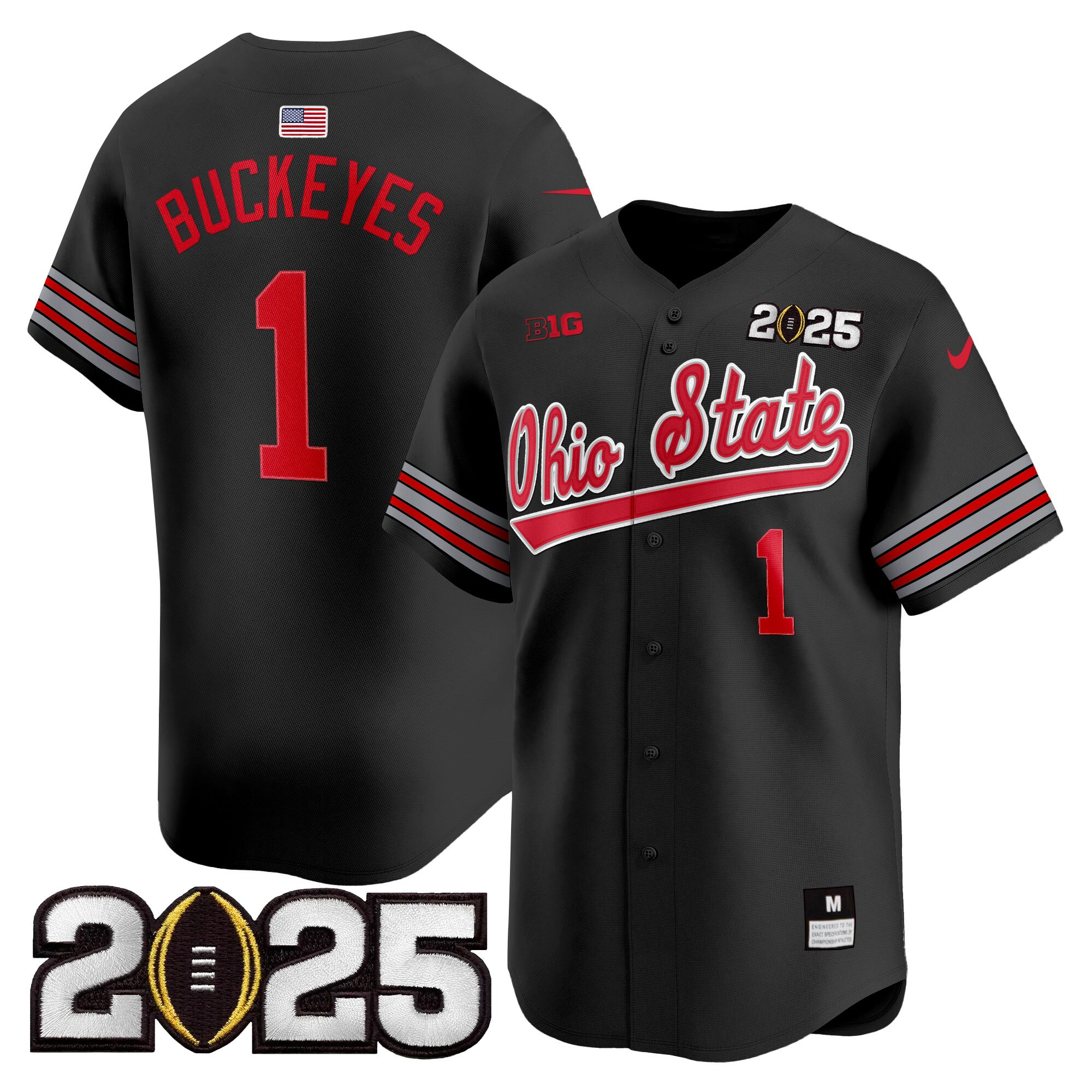 #1 Buckeyes Men's Ohio State Buckeyes Heritage Stripe 2025 CFP Final Patch Vapor Baseball Black Jersey V2 - All Stitched