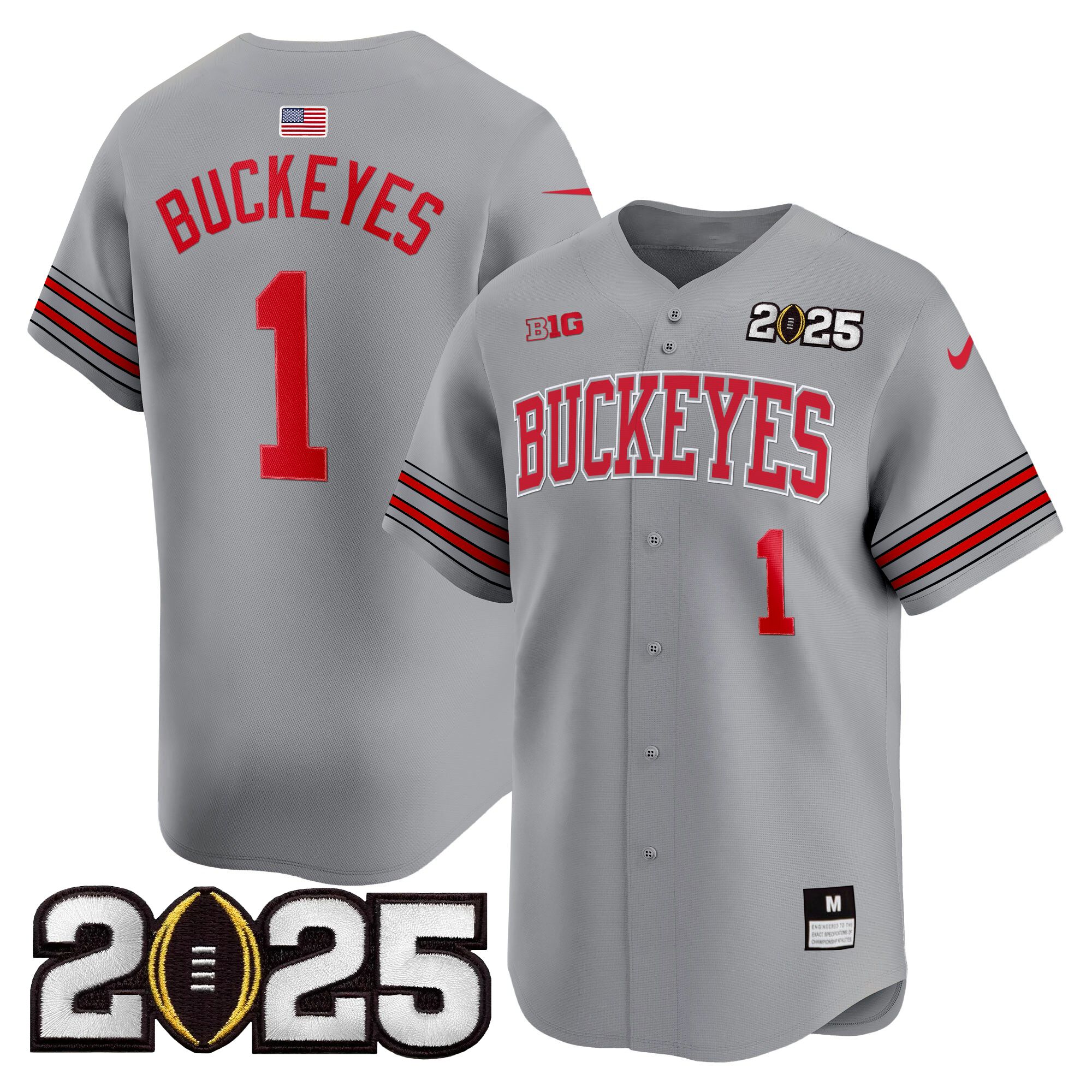 #1 Buckeyes Men's Ohio State Buckeyes Heritage Stripe 2025 CFP Final Patch Vapor Baseball Gray Jersey - All Stitched