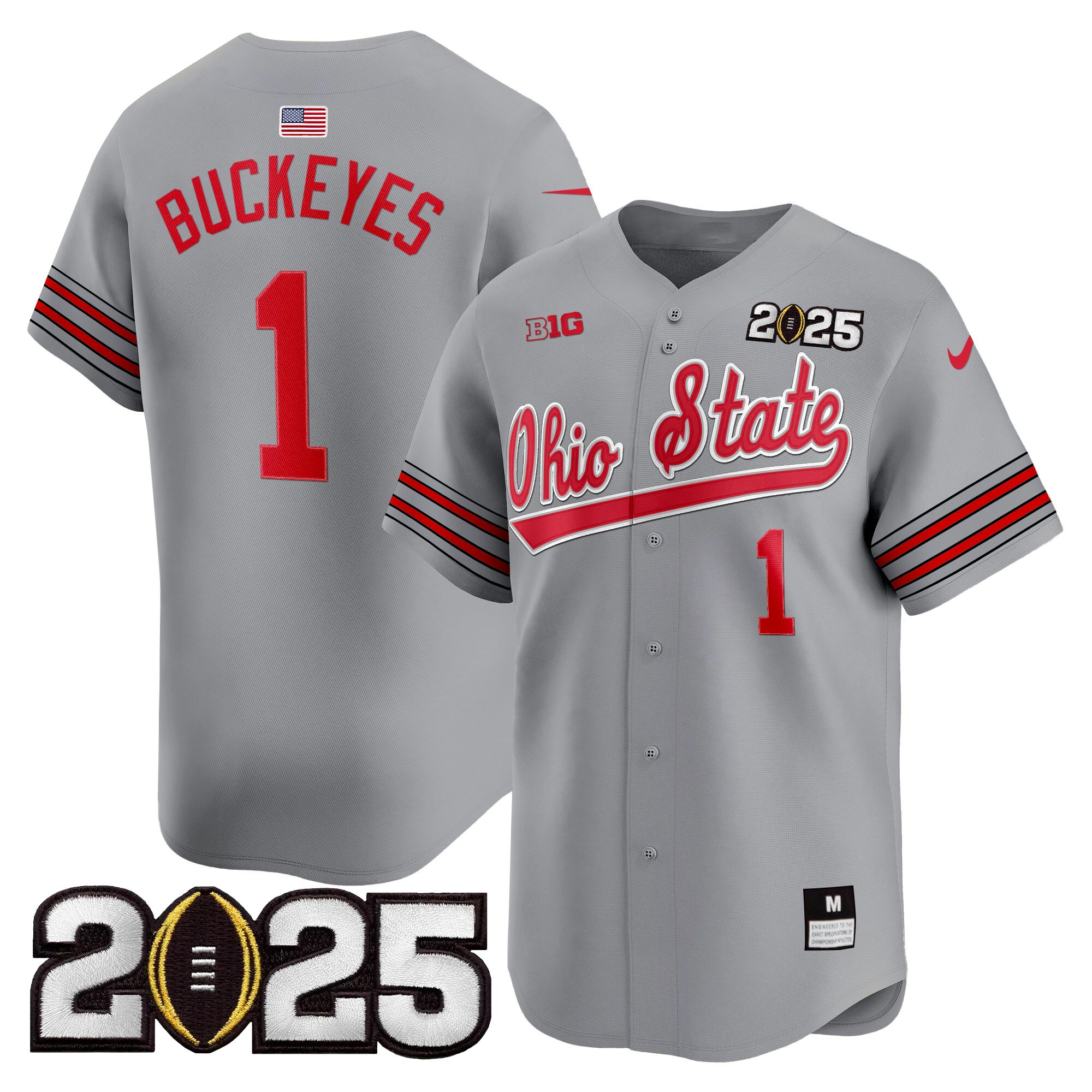 #1 Buckeyes Men's Ohio State Buckeyes Heritage Stripe 2025 CFP Final Patch Vapor Baseball Gray Jersey V2 - All Stitched