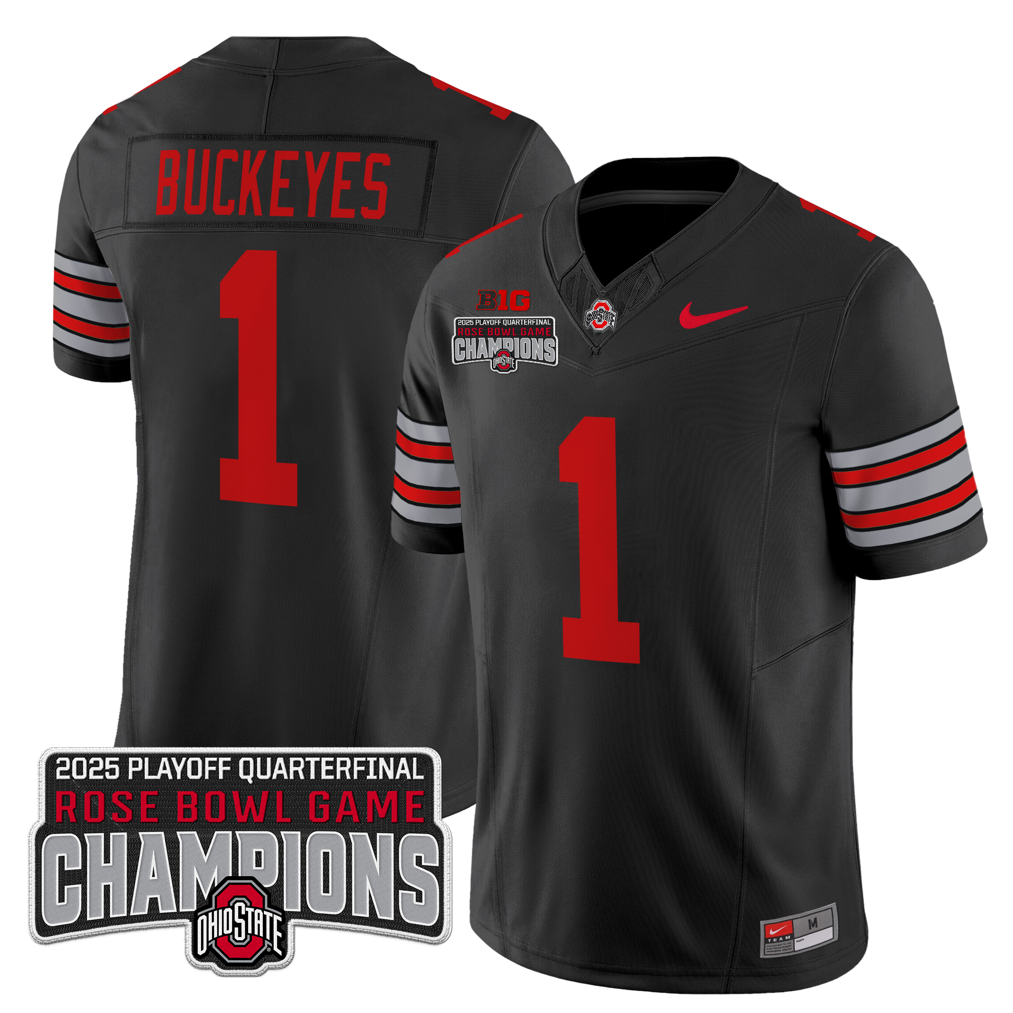 #1 Buckeyes Men's Ohio State Buckeyes Heritage Stripe 2025 Playoff Rose Bowl Champions Patch Vapor Limited Black Jersey - All Stitched