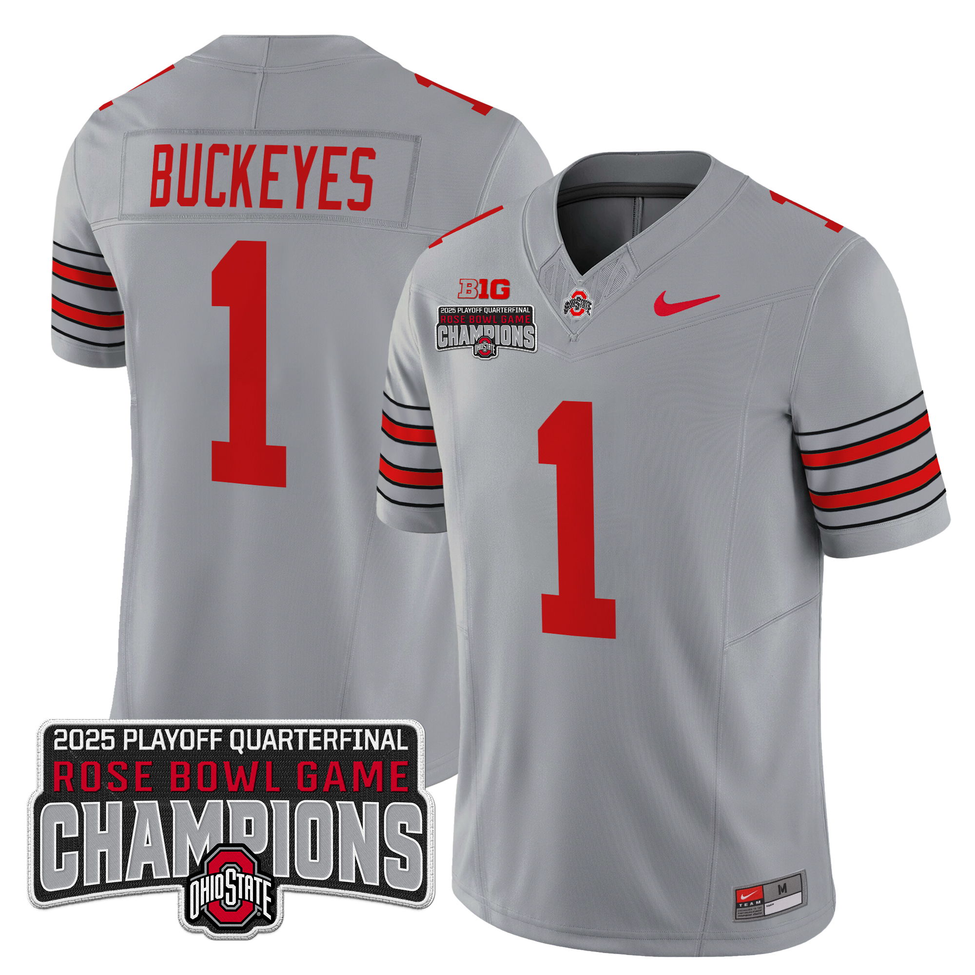 #1 Buckeyes Men's Ohio State Buckeyes Heritage Stripe 2025 Playoff Rose Bowl Champions Patch Vapor Limited Gray Jersey - All Stitched
