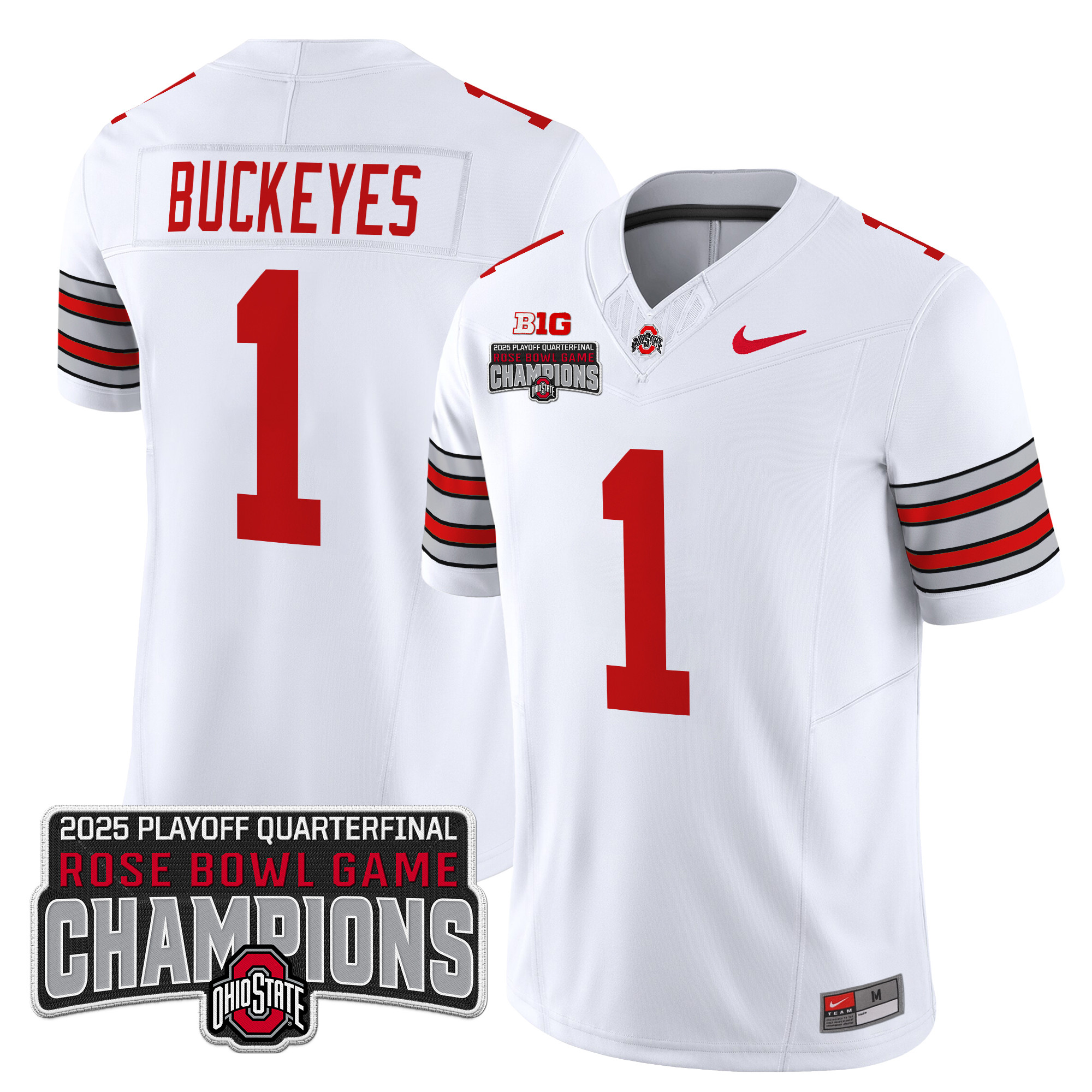 #1 Buckeyes Men's Ohio State Buckeyes Heritage Stripe 2025 Playoff Rose Bowl Champions Patch Vapor Limited White Jersey - All Stitched