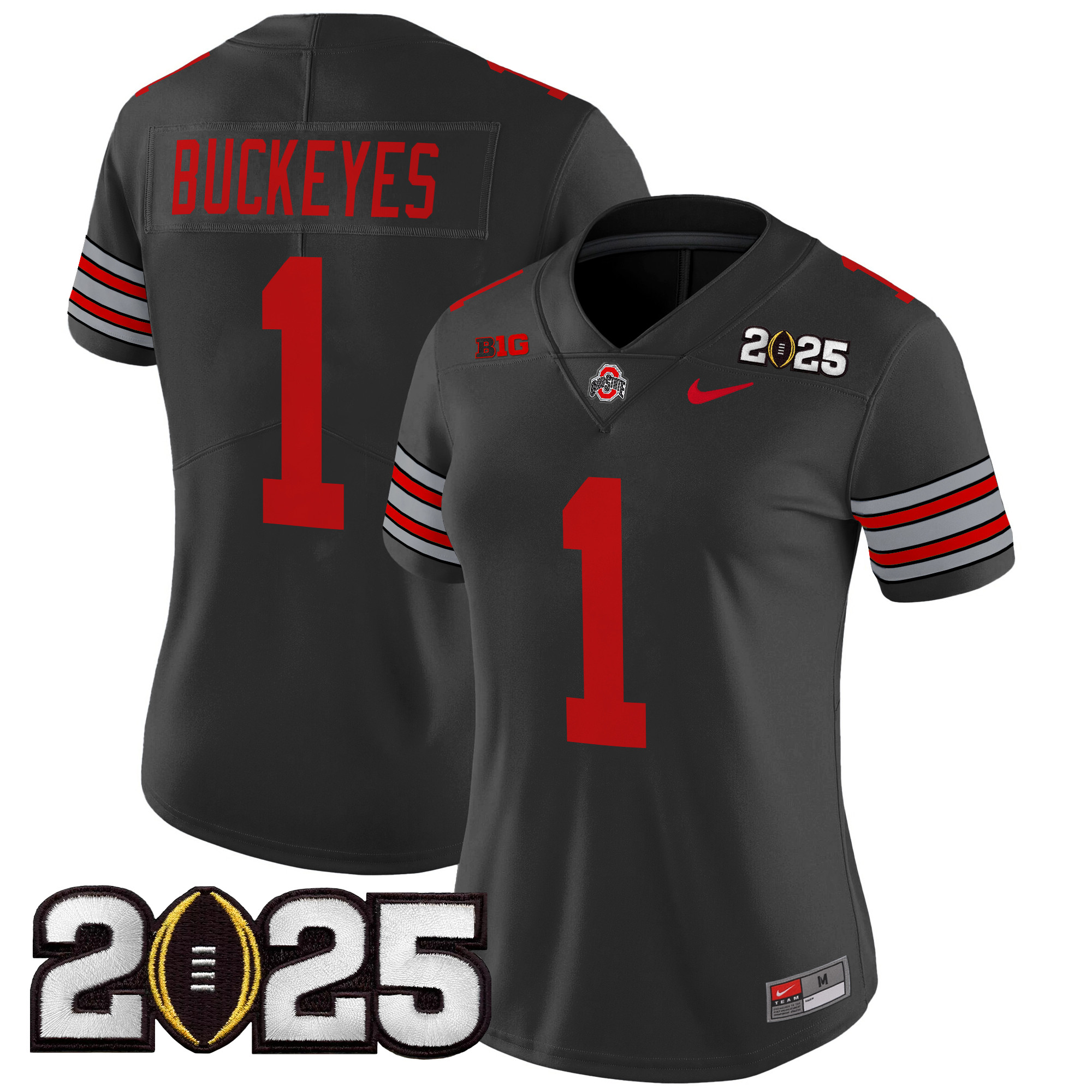#1 Buckeyes Women's Ohio State Buckeyes Heritage Stripe 2025 CFP Final Patch Vapor Limited Black Jersey - All Stitched