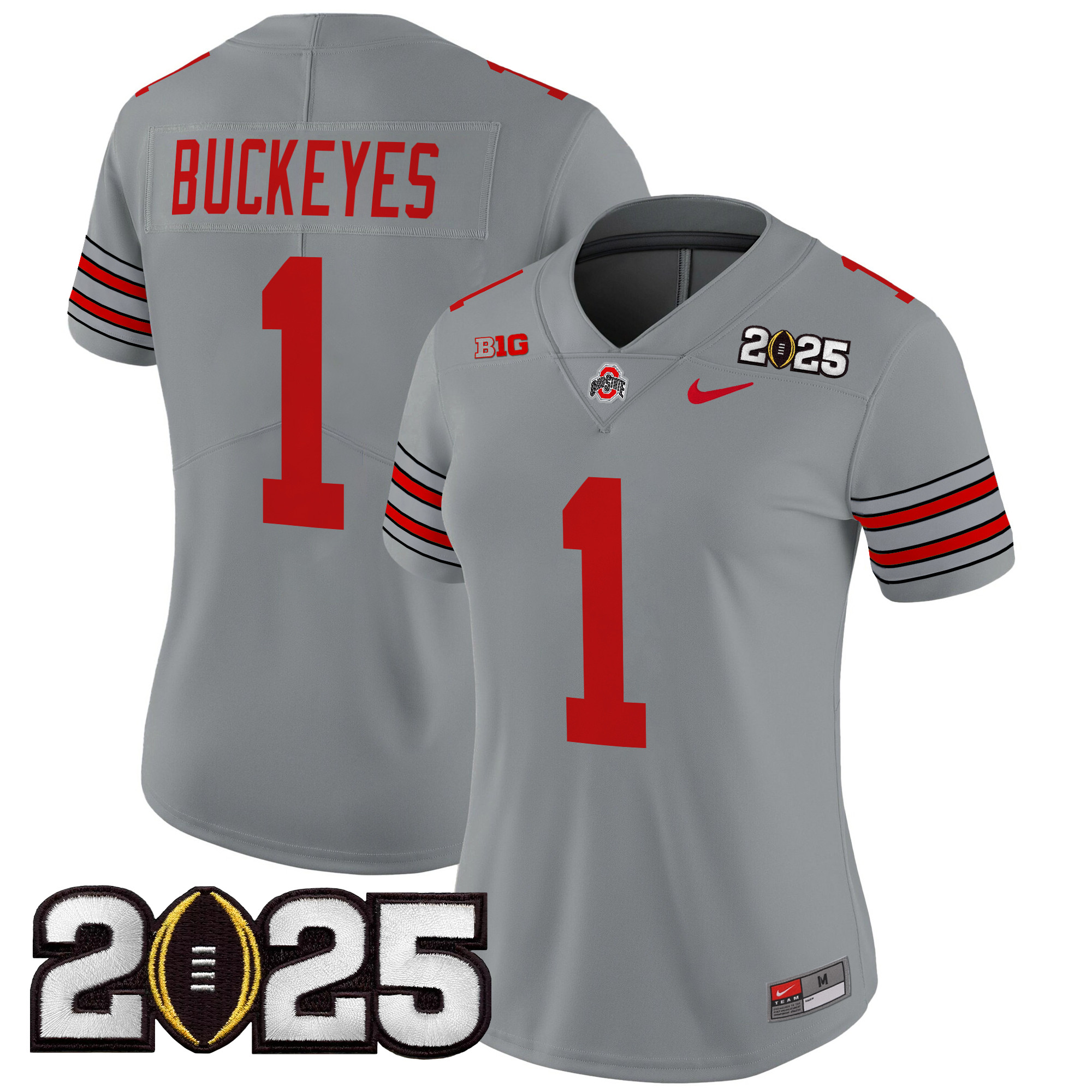 #1 Buckeyes Women's Ohio State Buckeyes Heritage Stripe 2025 CFP Final Patch Vapor Limited Gray Jersey - All Stitched