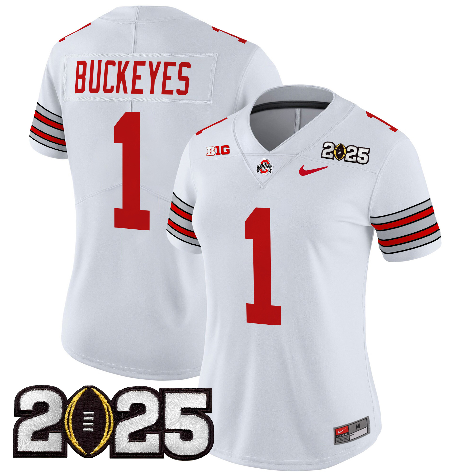 #1 Buckeyes Women's Ohio State Buckeyes Heritage Stripe 2025 CFP Final Patch Vapor Limited White Jersey - All Stitched