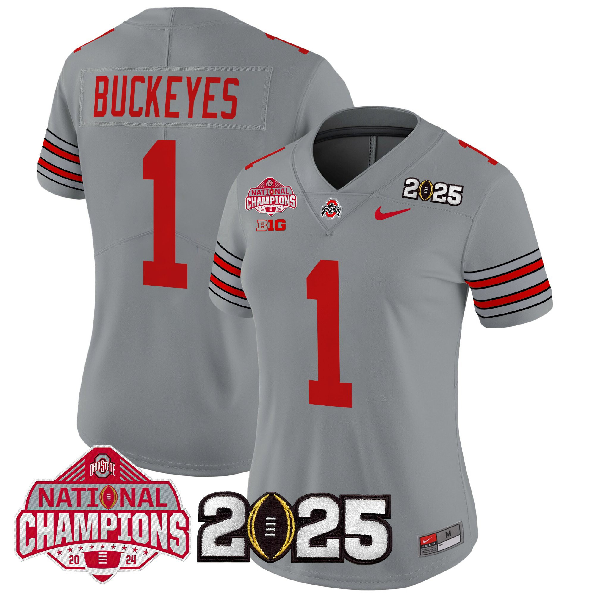 #1 Buckeyes Women's Ohio State Buckeyes Heritage Stripe 2025 National Champions Patch Vapor Limited Gray Jersey - All Stitched