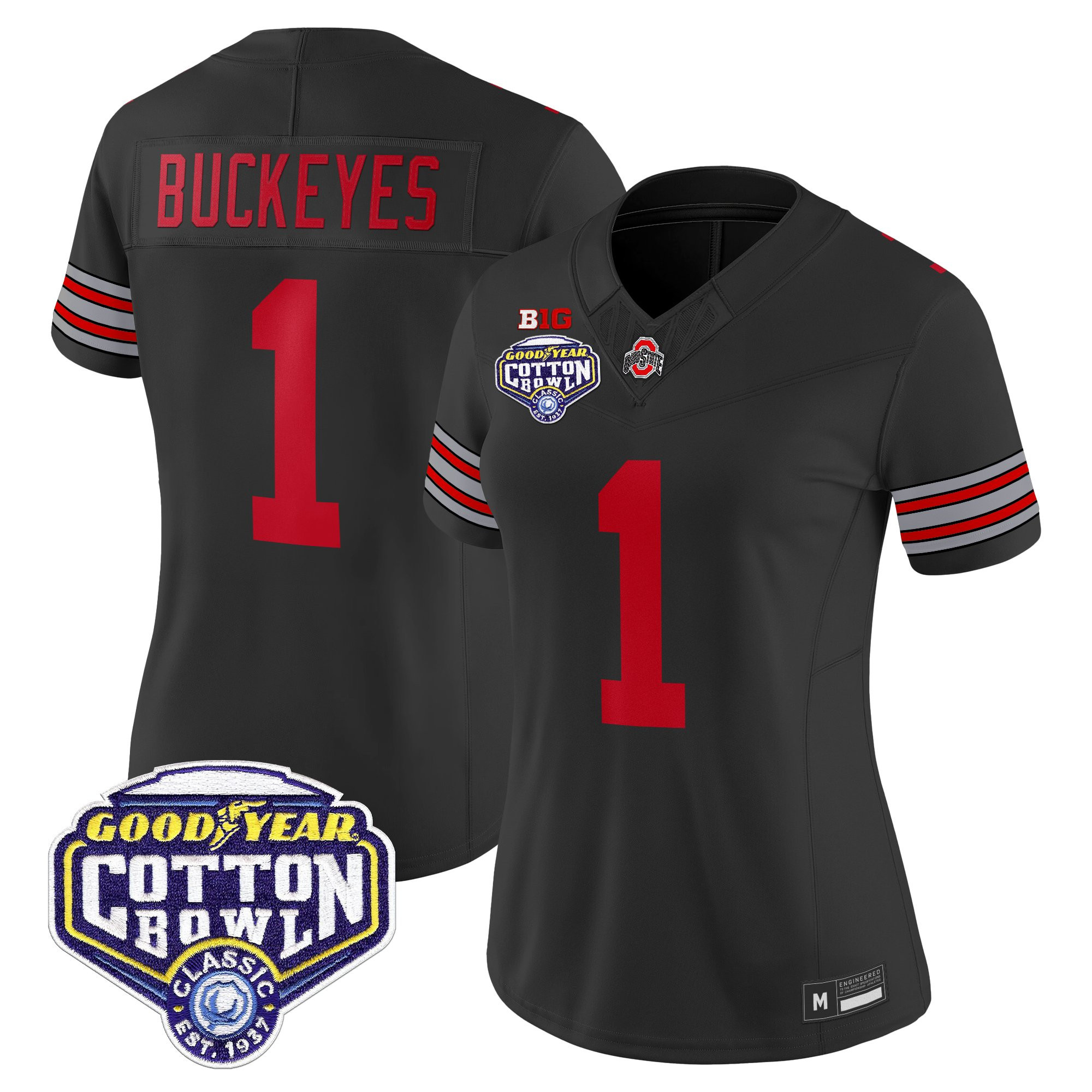 #1 Buckeyes Women's Ohio State Buckeyes Heritage Stripe Vapor Limited Black Jersey - 2025 Cotton Bowl Patch - All Stitched