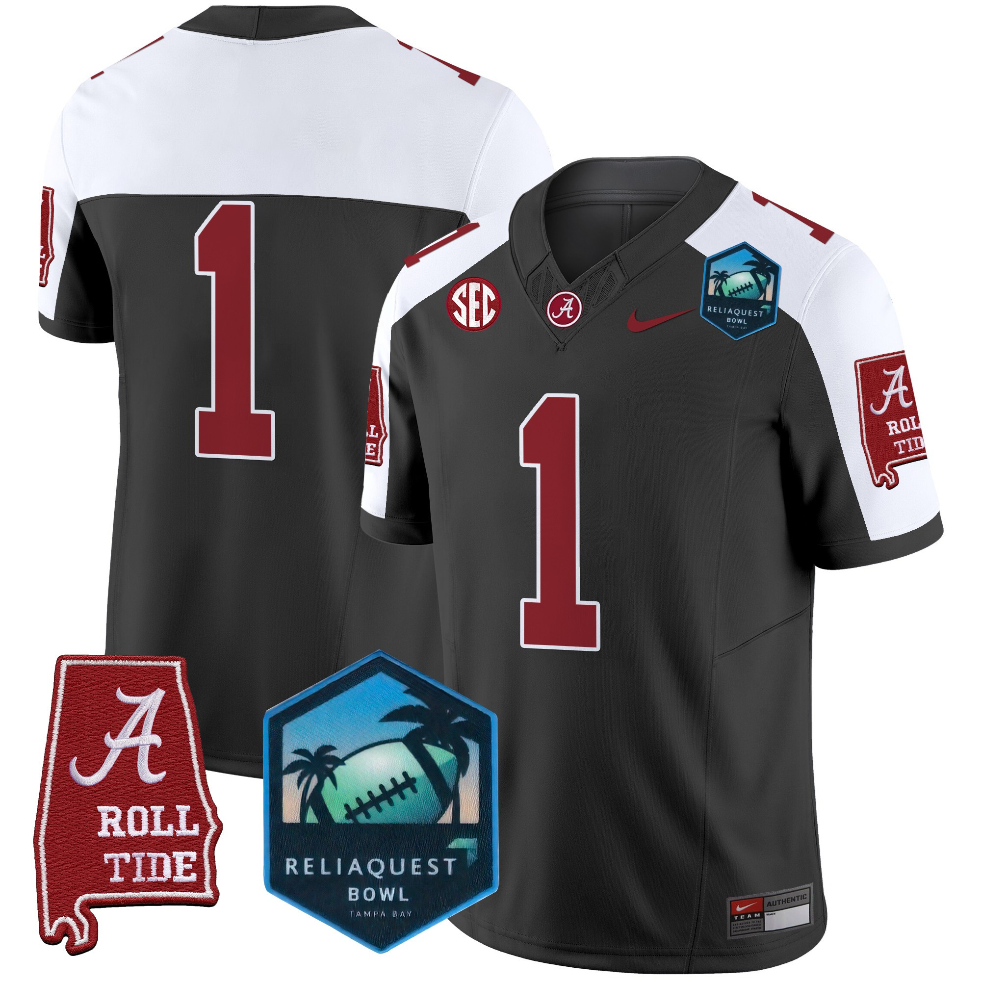 #1 Team Men's Alabama Crimson Tide 2025 ReliaQuest Bowl Patch Vapor Limited Black Alternate Jersey - All Stitched