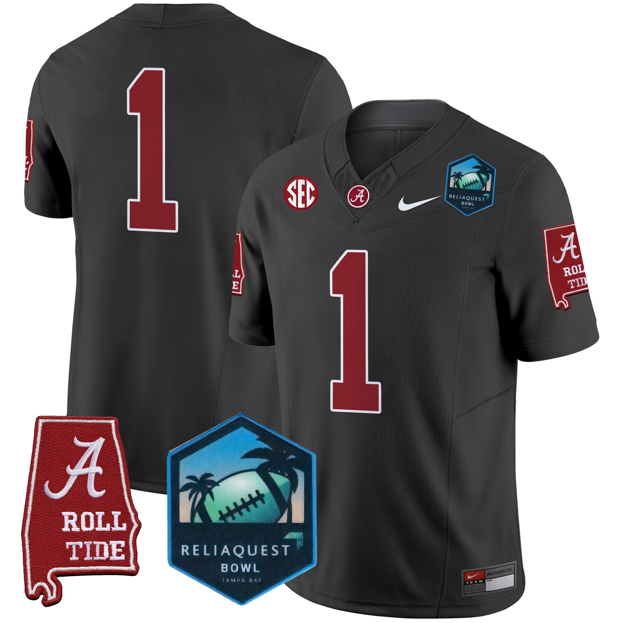 #1 Team Men's Alabama Crimson Tide 2025 ReliaQuest Bowl Patch Vapor Limited Black Jersey - All Stitched